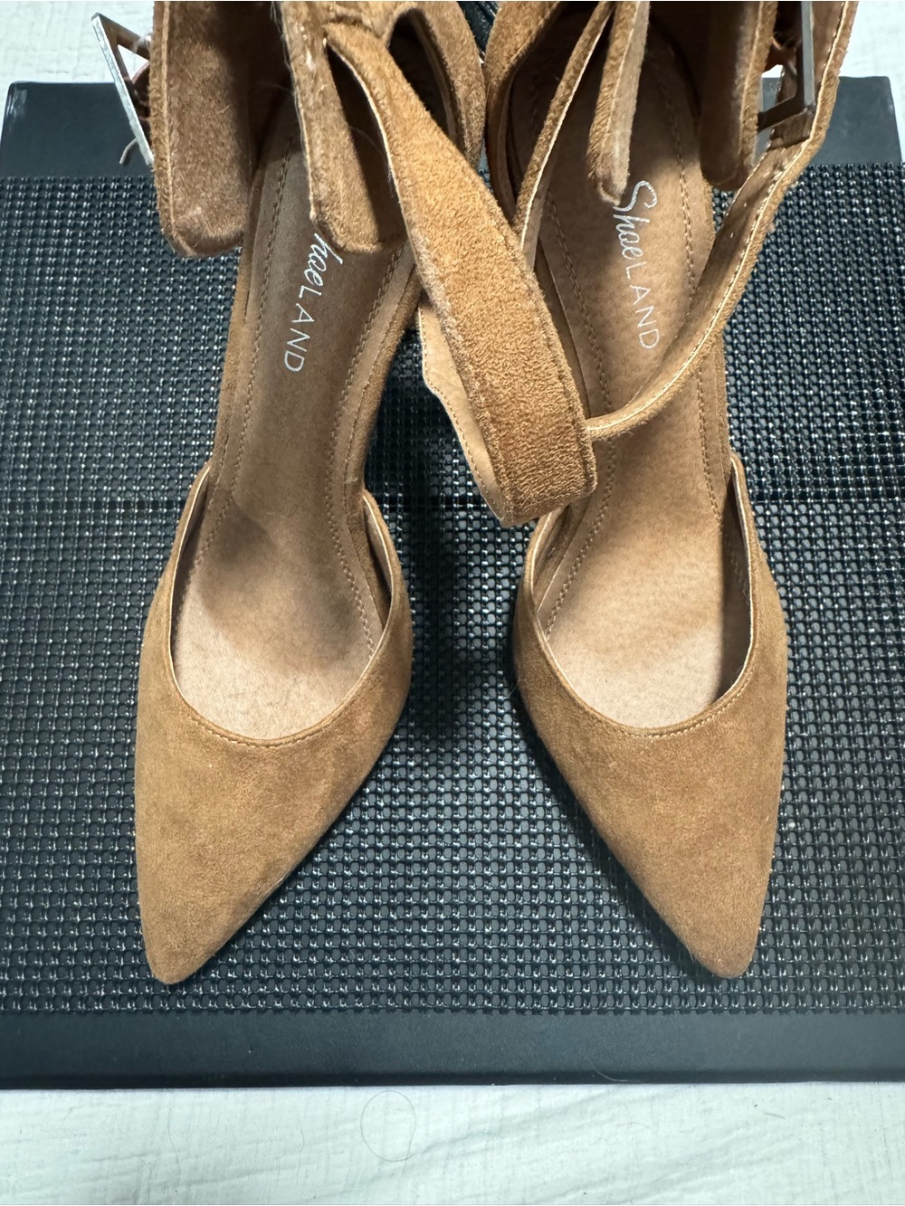 Shoe Land Brown Suede Pointed-Toe Ankle Strap Heels